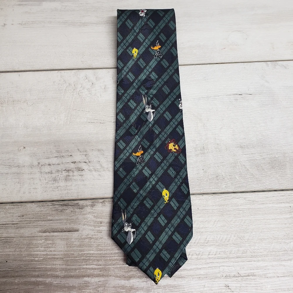 Vgt. Looney Tunes Mania Cartoons Necktie Tie Green Blue Plaid Check Bugs Bunny